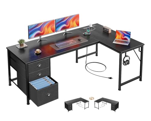 Image of Furologee 55 inch L Shaped Desk with Power Outlets & USB-C Port, Reversible Corner Computer Desk with File Drawers, Work Study Gaming Table for Home Office, Dorm, Black