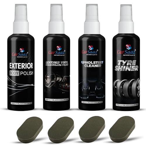Image of CAR SAAZ Car & Bike Polish Combo | Polish Combo (100 ML Each) | Exterior Body Polish, Leather Vinyl & Dashboard Polish, Upholstery Cleaner, Tyre Shiner with | 4 Applicator Pads