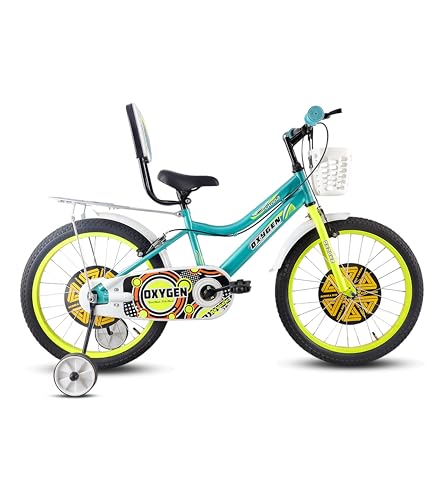 Image of OXYGEN Skoda 20T Kids Cycle 20 Inch Bicycle for Kids 6-9 Years with Training Wheels, Steel Frame, Non Geared BMX Cycle with Basket & Backrest, Boys Girls Children Bike, Metallic Green