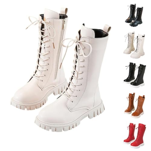Girls Combat Boots Lace Up Mid Calf Side Zipper Riding Boots White 2.5 - image 1