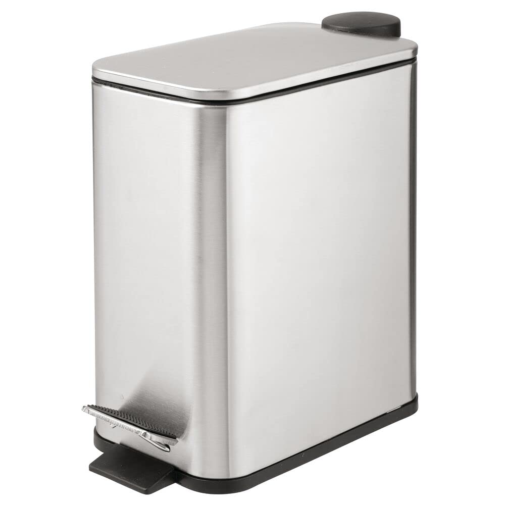 Photo 1 of *STOCK PHOTO RFERENCE ONLY* mDesign Slim Metal Rectangle 1.3 Gallon Trash Can with Step Pedal, Easy-Close Lid, Removable Liner - Narrow Wastebasket Garbage Container Bin for Bathroom, Bedroom, Kitchen, Office - Brushed/Chrome 1 Brushed Ss