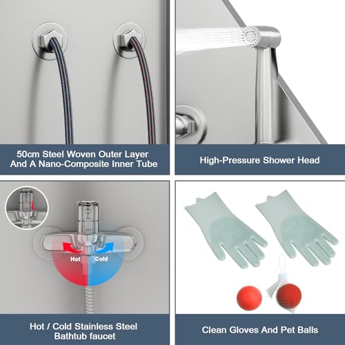 62" Professional Stainless Steel Dog Bathing Station, Large Dog Washing Station W/Dog Bath Brush, Washing Gloves, Floor Grate, Dog and Cat Bath Tub, Dog Washing Sink (62 Inch Left Door)