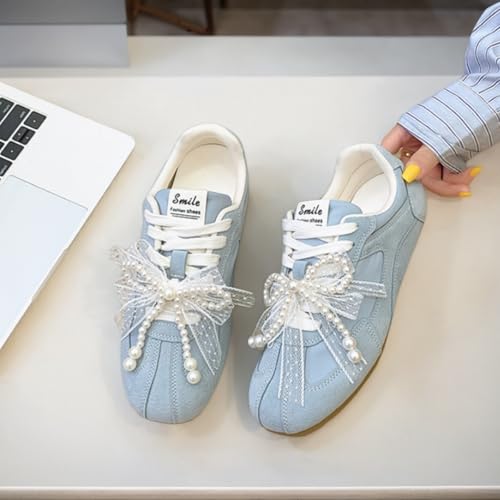 Women Cute Sneakers, Lace Bow Pearl Charm Ballet Aesthetic Retro Trainers Students Girls Comfy Casual Shoes Lace-Up Platform2
