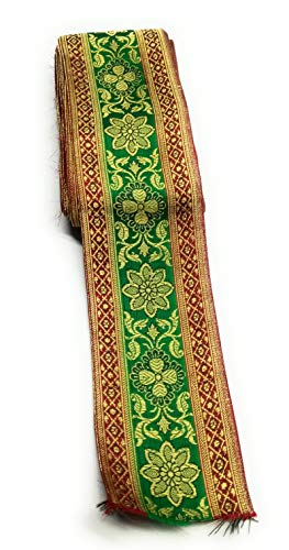 Image of Banarasi Brocade Silk Lace Border 9 Meter x 3.5 Inch Width, Golden Woven Zari Floral Jacquard Decorative Trim Ribbon for Saree Blouse Lehenga Dupatta Dress Kurti Craft Sewing Home Decoration (Maroon x green, 9 meter)