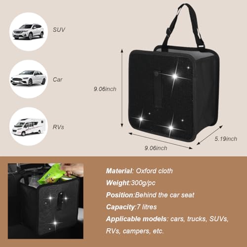 Image of Car Trash Can, Bling Rhinestone Crystal Waterproof Hanging Garbage Bag for Car Interior, Oxford Leakproof Foldable Waste Organizer Trash Bin Universal for Most Vehicles (Black)