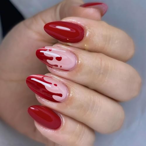 JUSTUNX 24pcs Almendra Halloween uñas falsas rojas gotas de sangre uñas falsas impresión en uñas para mujeres y niñas