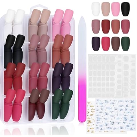 Umillars Coffin Press on Nails,288Pcs Fake Nails Full Cover False Acrylic Nail Tips with 12 Sheets Jelly Nail Adhesive Tabs a Glass Nail File 2 Nail Stickers (12 grids mix-color matte, Free size) Cover