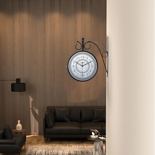 Image of Amazon Brand - Solimo Double Sided Vintage Station Wall Clock, one Side Roman and Other Side Numeral dial (8 Inches, Black) Metal, Analog