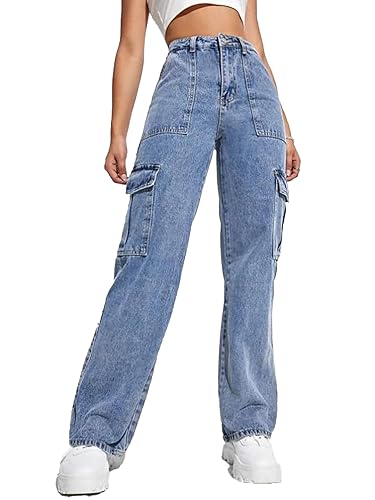 Image of KOTTY Women's Solid High Rise Relaxed Fit Cargo Jeans (Blue,S) KTTLADIESJEANS2461S