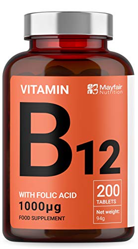 Vitamina B12 con Acido folico | 200 Compresse Premium da 1400mg | Integratore per Vegetariani e Vegani | Senza Glutine e No OMG | Fornitura per 6 Mesi | Prodotto nel Regno Unito da Mayfair Nutrition