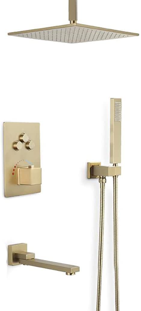 GLJTUO Shower Systems, Brushed Gold Brass Concealed Thermostatic Ceiling Mounted Bathroom Shower Faucet Set with 10-12" Square Rainfall Shower Head and Handheld Tub Ta,