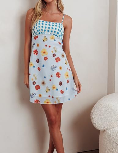 Image of ROAONOCOMO Women Boho Graffiti Cami Mini Dress Spaghetti Strap Printed A Line Short Dress Cute Colorful Sundress