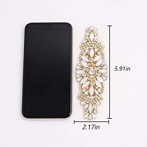 Weztez Gold Crystal Rhinestone Applique with Opal Rhinestone for Bridal Belt Wedding Dress Garters Headpieces (Gold, 2pcs)4