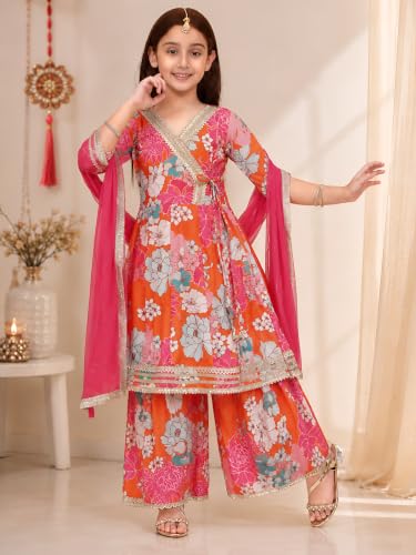 Image of Preneum Girls's Ethnic Cotton Bandhani & Lehariya Printed 3 /4 Sleeves Gotta Patti Angrakha Kurta with Sharara Set