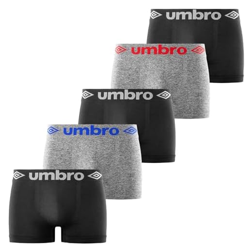 Umbro Boxer Homme sans Couture, Caleçon Homme Anti-Irritation et Respirant (Lot de 5), Noir, Gris, Taille S/M