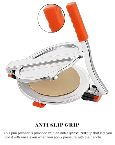 Image of Stainless Steel 6.69-inch Roti Press Maker - Manual Hand Press for Chapati, Puri, Khakhra, Papad, Pathiri - Durable Silver Construction with Easy-Use Handle @
