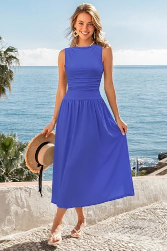 Image of Womens Summer Casual Midi Maxi Dress 2026 Sleeveless Ruched A Line Flowy Cocktail Wedding Guest Beach Long Sundress