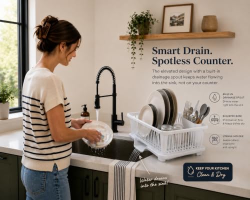 Image of Heavy Duty 2-Piece Plastic Dish Drying Rack Set in White - Includes Large Dish Drainer, Attached Drainboard, and Utensil Cup Holders for Home Kitchen Countertop Organization