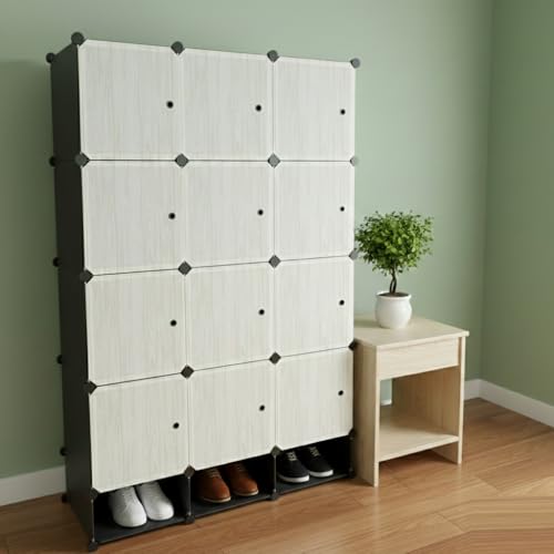 Image of KRISHYAM12-Cube Modular Wardrobe with Doors, Hanging Rod & 3 Shoe Boxes, Space-Saving DIY Closet Organizer for Clothes, Shoes, Toys & Home Storage,