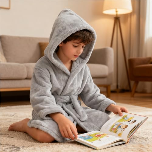Image of Boys Girls Bathrobes,Toddler Boy Girl Robes,Children's Plush Soft Coral Fleece Hooded Pajamas Sleepwear for Kids