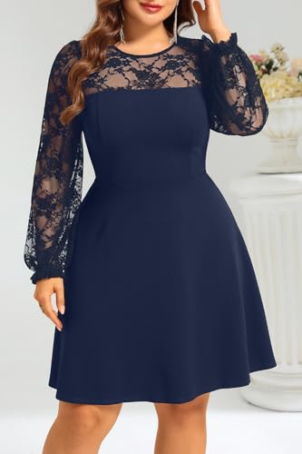 Image of Plus Size Cocktail Dress - Lace Wedding Guest Party Crew Neck Short A Line Dresses Women
