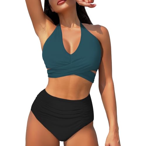 Women's High Waist Bikini Set Tummy Control Ruched Swimsuit Cross Back Lace Up Halter Two Piece Swimwear