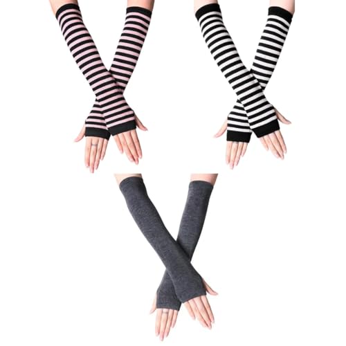 Guantes Largos 3 Pares Calentadores de Brazos Muñeca a Rayas Guantes Largos sin Dedos de Invierno Manoplas de Punto con Orificio de Pulgar