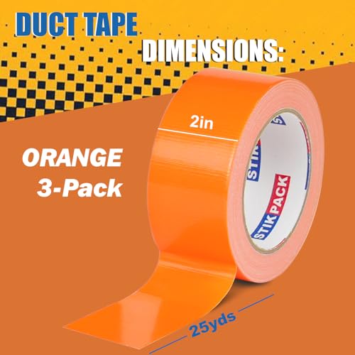 Image of 3 Rolls Orange Duct Tape, Heavy Duty Strong Industrial Colored Duct Tape 9mil x 2inch x 25yds Flexible, No Residue, Waterproof and Tear by Hand, Multi-Use for Indoor & Outdoor Repairs