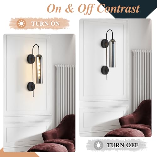 Image of BOKT Modern Black Long Wall Sconce 1-Light Smoke Glass Indoor Bathroom Wall Light Mid Century Minimalist Wall Sconce Industrial Bedroom Bar Wall Lamp (Smoke Gray)
