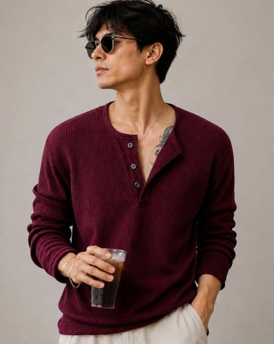 Image of AUSK Men's Textured Henley T-Shirt || Full Sleeve Ribbed Knit Button Neck T Shirt for Men || Regular Fit Casual Wear Tee || Smart Casual Tshirt for Mens