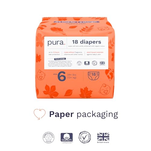 pura size 6 eco-friendly diapers 29 lbs totally chlorine free tcfhypoallergenic soft organic cotton sustainable up to 12 hours leak protection allergy uk 18 count pack of 6total-108