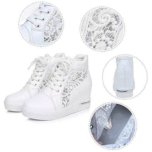 Hbeylia Platform Hidden Heels Sneakers for Women Lace Crochet Lace Up Chunky Bottom High Heels High Top Canvas Shoes Loafers 6