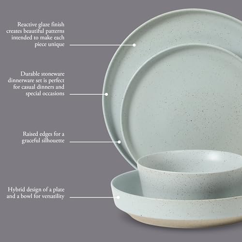 Image of Gibson Elite Overbrook 16-Piece Pottery Clay Stoneware Dinnerware Set - Light Blue Reactive Glaze, Stackable Plates and Bowls w /Pasta Bowl, Service for 4 - Microwave & Dishwasher Safe