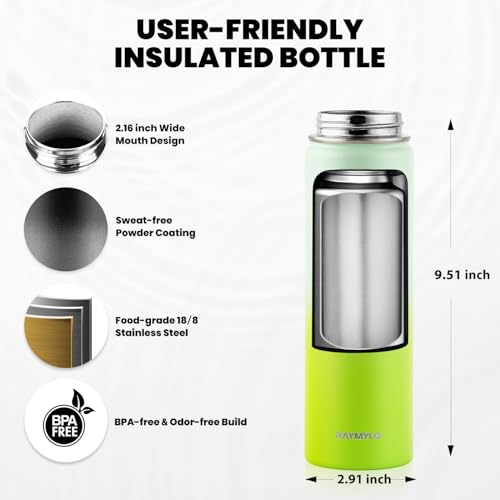 Image of RAYMYLO Insulated Water Bottle 20 oz, Triple Wall Vacuum Stainless Steel (Cold for 24Hrs, Hot for 12Hrs), Leak Proof & Non-BPA, Modern Water Bottle Jug for School with Straw Spout Lids