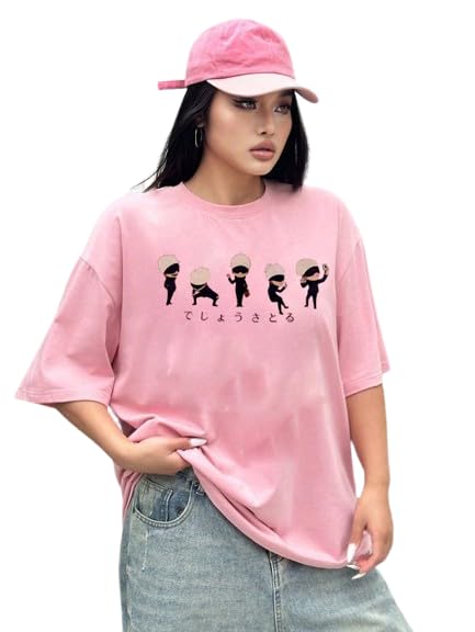 Lil Gojo Anime Gojo Satoru Oversized T-Shirt Women Fashion Loose Short Sleeve Cartoons Style Short Sleeve Brand Tops (L, Baby Pink)