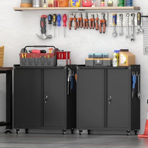 Image of Metal Cabinet with Wheels, Steel Cabine with Locking Doors, Small Cabinet with Adjustable Shelf, Tool Cabinets for Garage, Suitable for Home Office, Garage, Office