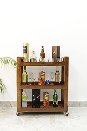 Timberly Sheesham Wood Bar Trolley with Easy to Carry Handle, Bar Cabinet with 3 Shelf and 4 Wheels, Walnut, Size-(32x12x28) Inch