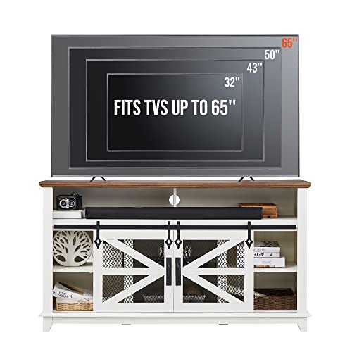 Okd Farmhouse Tv Stand For 65+ Inch Tv, Industrial & Farmhouse Media Entertainment Center W/Sliding Barn Door, Rustic Tv Console Cabinet W/Adjustable Shelves For Living Room, Antique White #TOP4