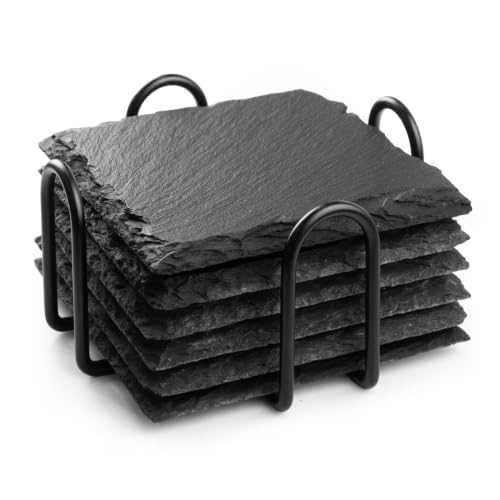Slate Coasters Set of 6 Square Black Drink Coasters with Holder Cup Coastersset DIY Engraving Coffee Table Drinks Coastersset 4 Inch Stone Coaster for Drinks Bar Home Kitchen Housewarming Gifts