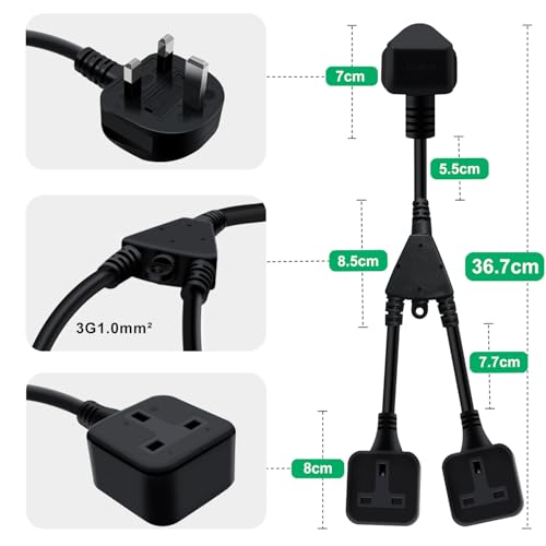 HuaLiSiJi 2 Way Extension Lead with Short Cable 13A 250V Double Socket Extension Lead for Home, Office (Black, 35 cm) - Image 3