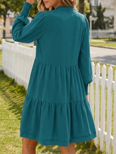 Image of Imily Bela Womens Fall Long Sleeve Tunic Dress Casual V Neck Tiered Dress | Loose,Swing,A-Line,Ruffled Collar,Puff Balloon Sleeve,Smocked Elastic Cuffs,Tiered Layered Ruffle Hem,Babydoll,Loose,Mini