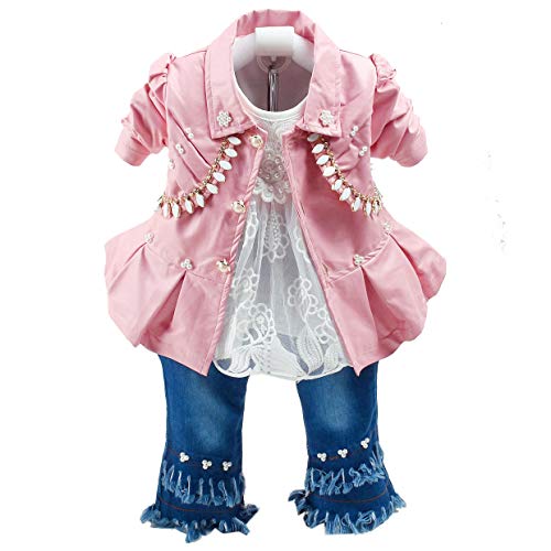 Peacolate 6M-3Y Baby Girls 3pcs Outfits Leather Jacket Outerwear Lace T-Shirt Denim Jeans(6-12M,Pink)