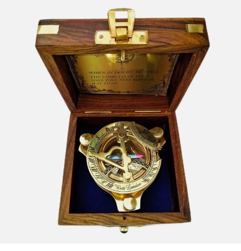 Brújula de reloj de sol de latón con caja de madera – Regalo náutico coleccionable miniatura 5