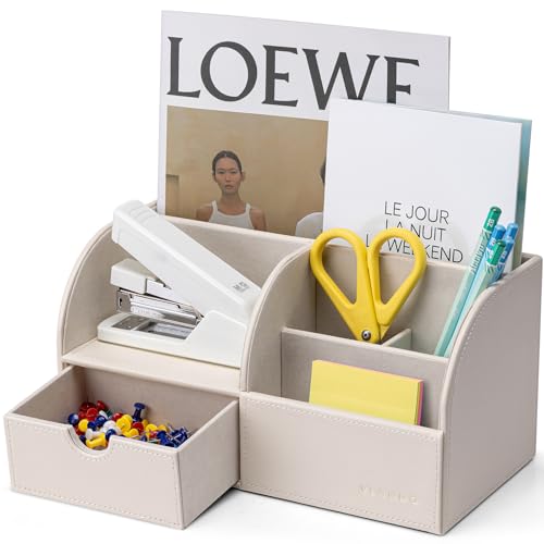 Vlando Office Supplies Desk Organizer Caddy, PU Leather Office Organization and Storage,Desktop Hanging File Letter Document Storage Holder with Drawe