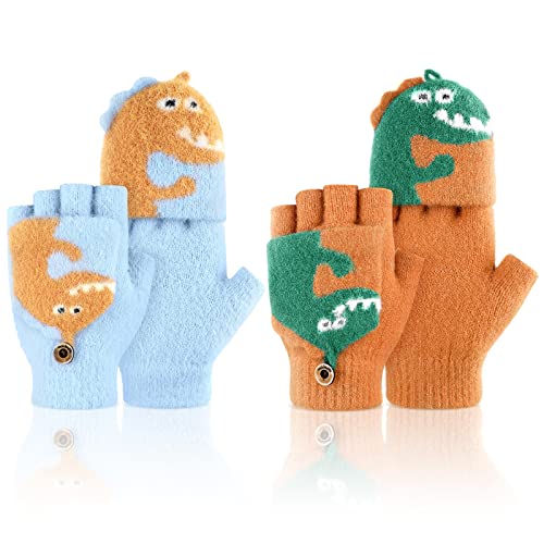 SATINIOR 2 Pairs Kids Fingerless Gloves Knit Convertible Mitten Half Finger Mitten Flap Winter Warm Aged 3-10 (Mud Yellow, Light Blue)