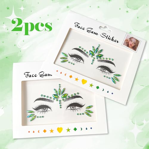 2pcs Grün Edelstein Kristall Gesicht Tattoo,Glitzersteine Gesicht Kit kann auf Ihrem Gesicht die ganze Nacht für viele Anlässe,Sie sind das perfekte Geschenk für Kinder und Erwachsene.