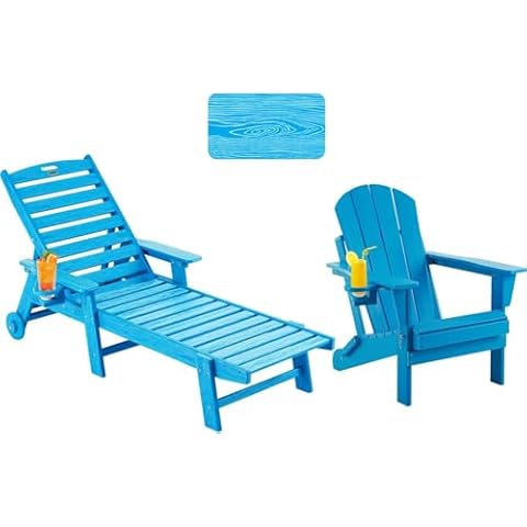 Folding Adirondack Chair, Fire Pit Chair with Cup Holder and Chaise Lounge Chair Set Pacific Blue Cover