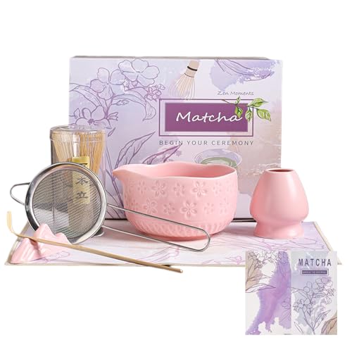 Matcha-Schneebesen-Set, 7-teilig, Matcha-Teeset für die Zubereitung von Latte, japanisches Matcha-Set mit traditionellem Chasen für authentische Teezeremonie (Rosa, 7PCS)