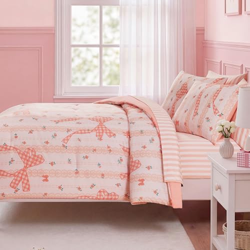 Image of Full Size Comforter Set for Girls Lace Floral Bow 7 Pieces Bed in a Bag