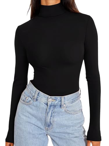 REORIA Women's Turtle Neck Long Sleeve Shirts Tight Basic Double Lined Layering Tops Thermal Undershirt Fall Winter Outfits(Black Large)